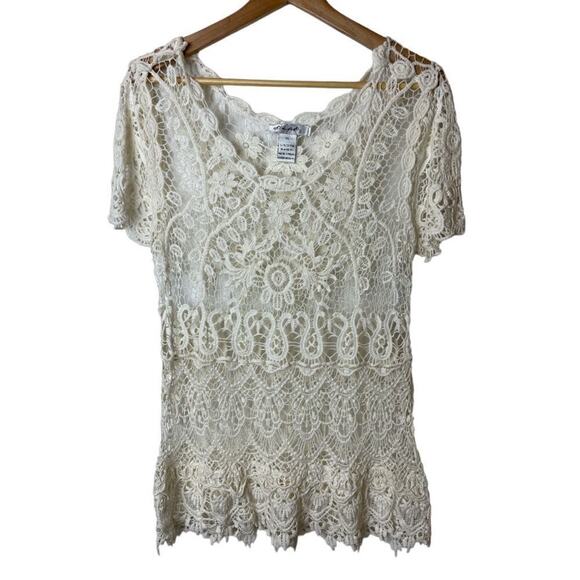 Ultra Pink White Open Lace Open Work Short Sleeve Top Women's Size XL - Picture 1 of 4